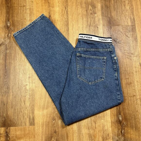 Vintage Tommy Hilfiger Jeans Mens 34x32 Baggy Light Blue Denim 90s Flag Skater